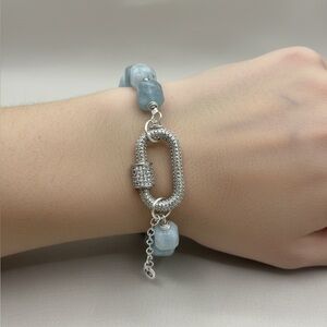 Genuine Natural Aquamarine Stone Bracelet with Silver Tone Pavé Clasp
